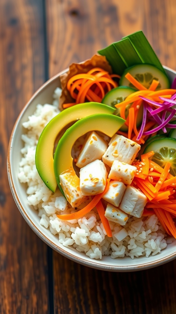A delicious sea bass poke bowl with avocado, cucumber, carrot, and sesame seeds on a wooden table.